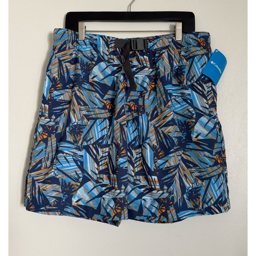 Blue and Orange Men's Columbia Flatwater Run Printed Swim Shorts 8" M
